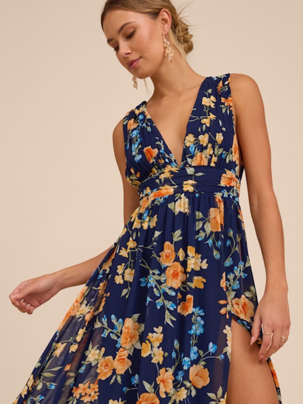 Lulus Heavenly Hues Dark Blue Floral Maxi Dress - Size XS